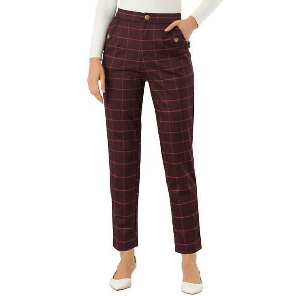 MODA NOVA Juniors Tartan Plaid Pants Elastic High Waist Straight Long Trousers