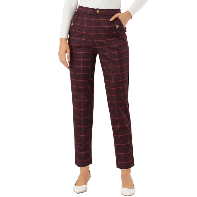 Pantalones de tartán a cuadros para mujer INSPIRE CHIC, elásticos, de cintura alta, rectos y largos, 2XL, burdeos