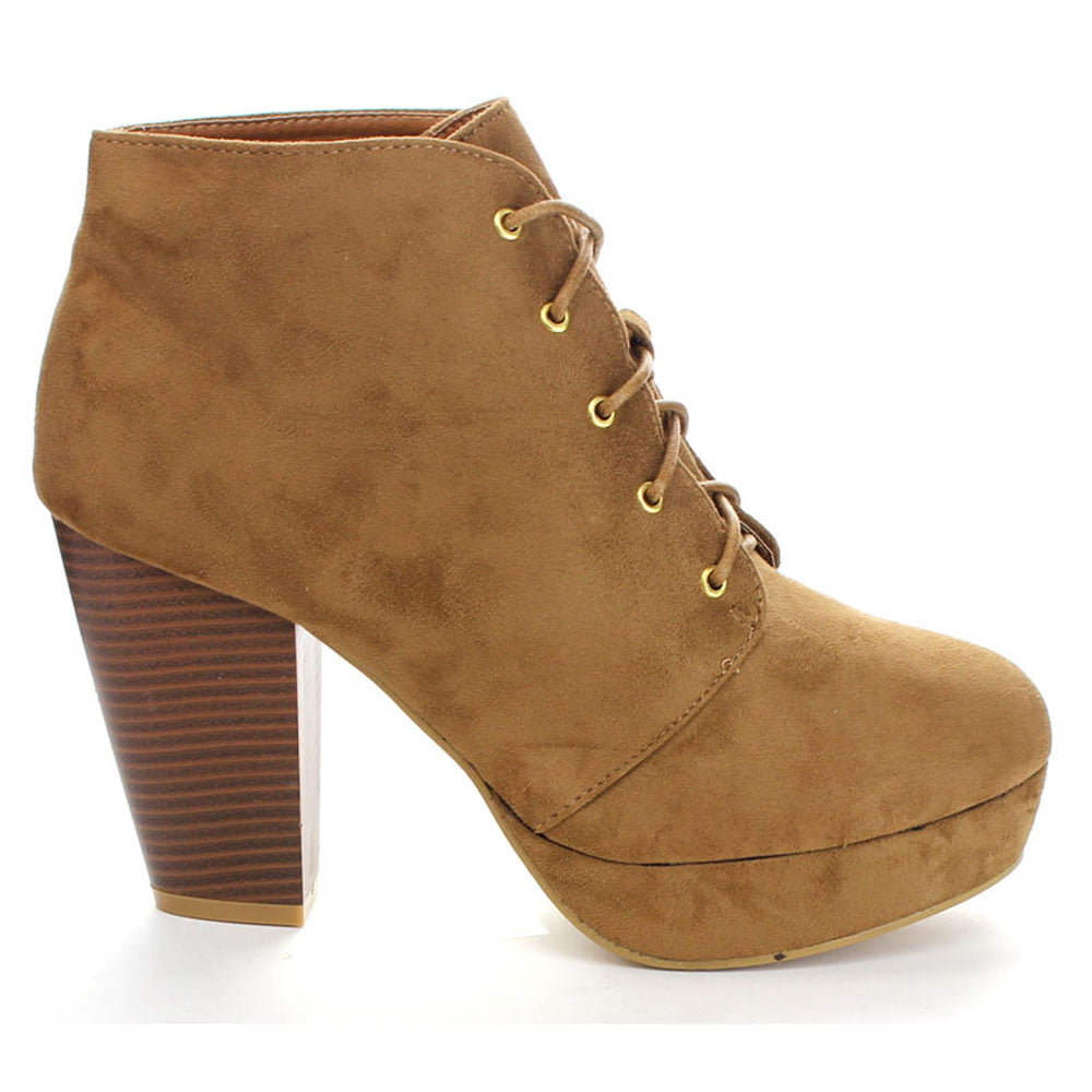 NEW Women's Fashion Comfort Stacked Chunky Heel Lace Up Ankle Booties Boots Tan