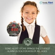 Sonic Bomb Dual Extra Loud Alarm Clock with Bed Shaker, Green Camo | Sonic Alert Vibrating, Heavy Sleepers, Battery Backup | Wake with a Shake