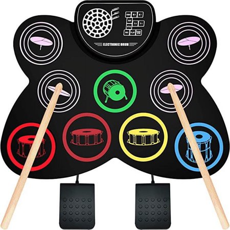 Electronic Drum Set, 9-pad Portable Electronic Drum Set with Headphone Jack, Roll-up Drum Pad Machine, Built-in Speaker Drum Pedal Drum Sticks, 10 Hours Play Time, Black