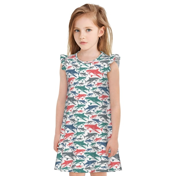 Fotbe Colorful Shark Vestido de Dormir para Niñas de 3 a 10 Años, Mangas Cortas, Estilo Princesa, Pijama Camisón con Mangas Voladas-Small