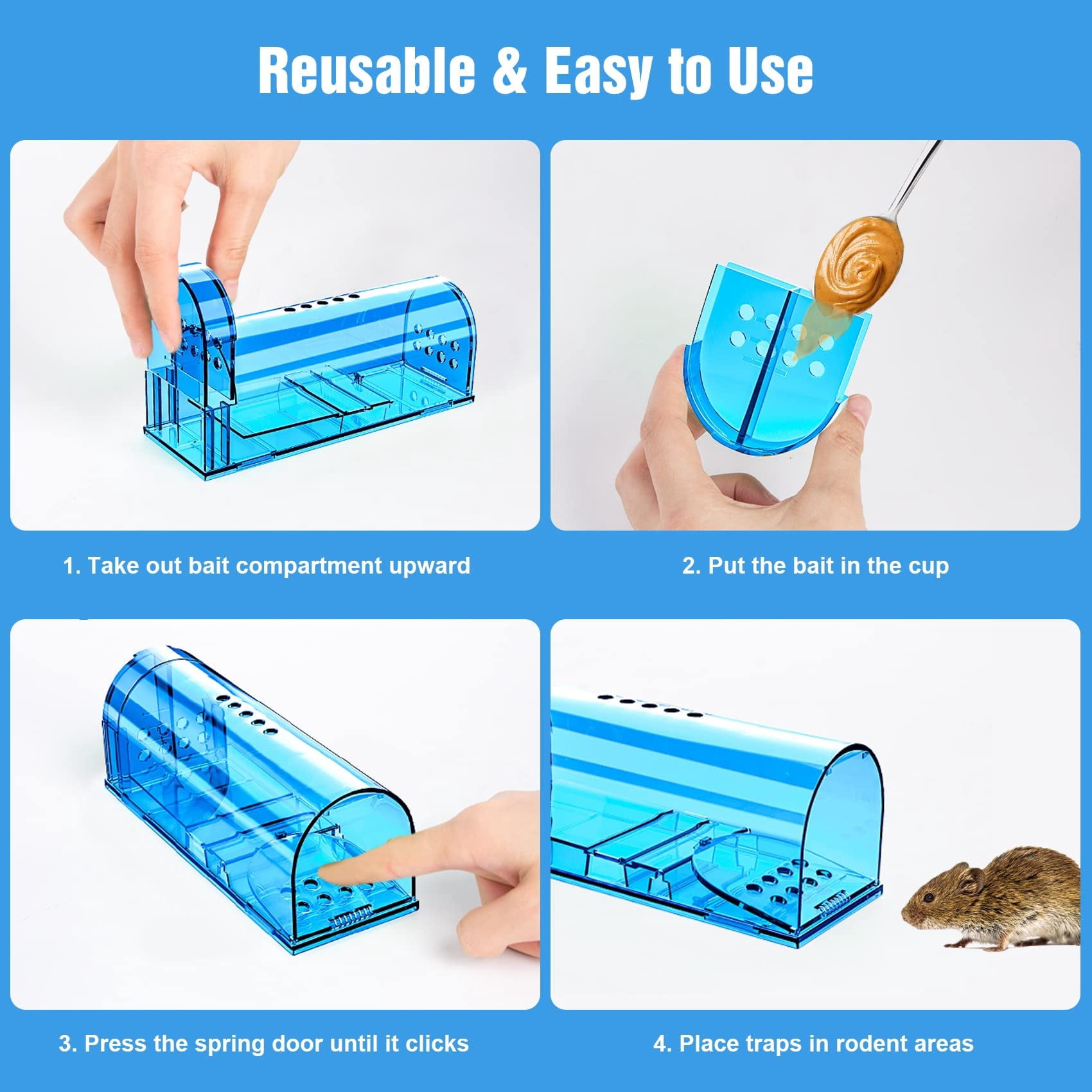 6 Pack Humane Mouse Traps No  Catch And Release Live Indoor For Home Reusable Mice Cage With Cleaning Brush(blue)