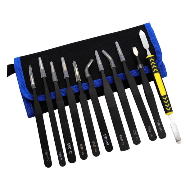 Juego de pinzas de precisión de acero inoxidable, fáciles de transportar, multiusos, antideslizantes, antiestáticas, ESD, para reparación electrónica Juego de 11 piezas.
