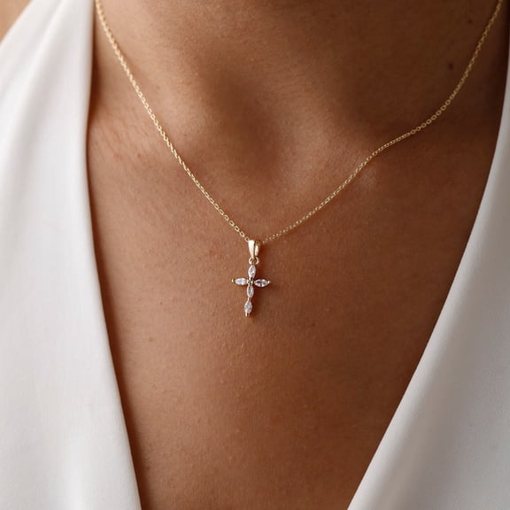 Minimalist Marquise Cut Simulated Diamond Cross Pendant Necklace with Chain, 14K Yellow Gold Plated