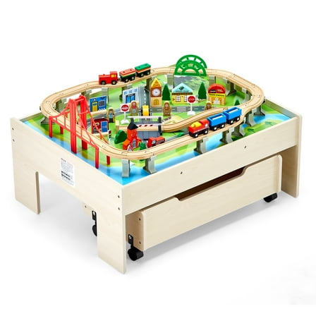 VEVOR Train Table, 100 Multicolor Pieces Wooden Kids Activity Table with Rolling Storage Drawer, 3-in-1 Wooden Train Set for Gaming, Drawing, Reading, Eating, Creative Toy Set for Kids Ages 3 