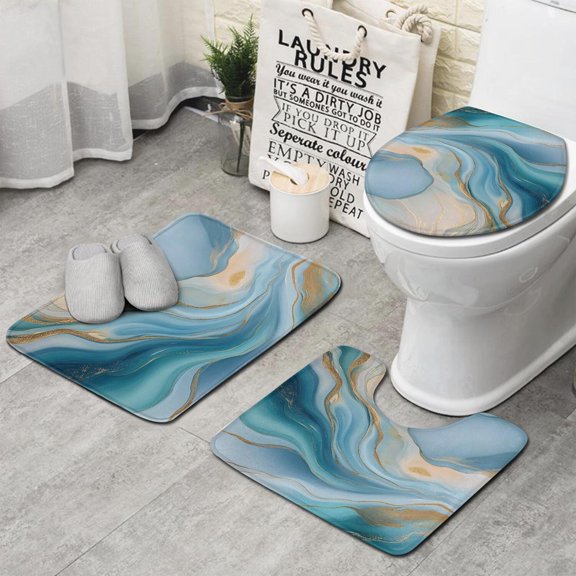 Blue Marble Gold Wave Pattern Bathroom Rugs Sets 3 Piece,Toilet Cover Set,Absorbent Non Slip Bathroom Mats Sets with U-Shaped Contour Rug Toilet Rug Set