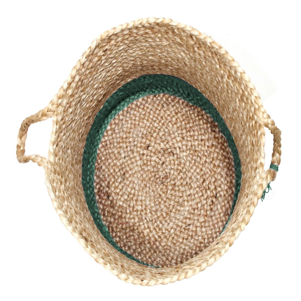 LR Home Woven Round Jute 19" Storage Basket with Handles, Green Stripe