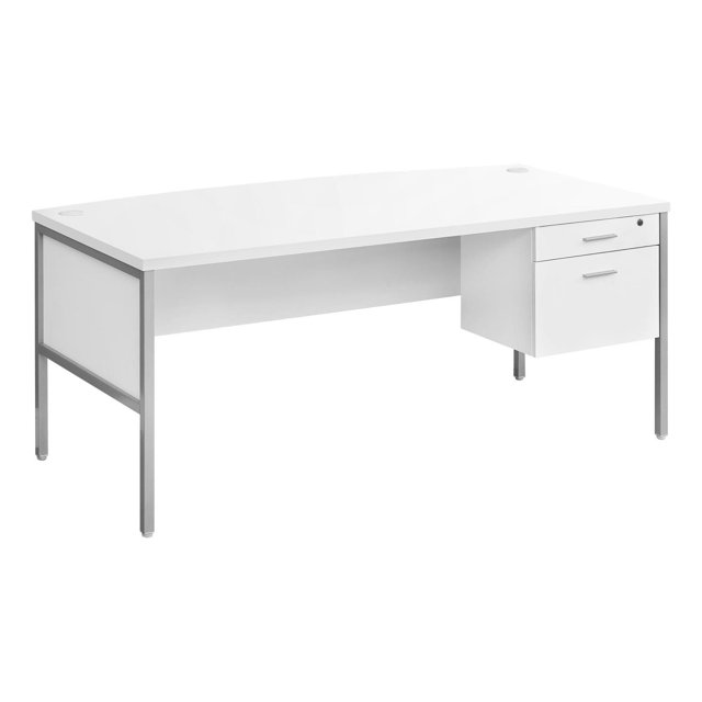 Contemporary white laminate computer desk with silver metal frame, 72 inches long, featuring a lockable file storage drawer and a smaller drawer for home office or commercial use.