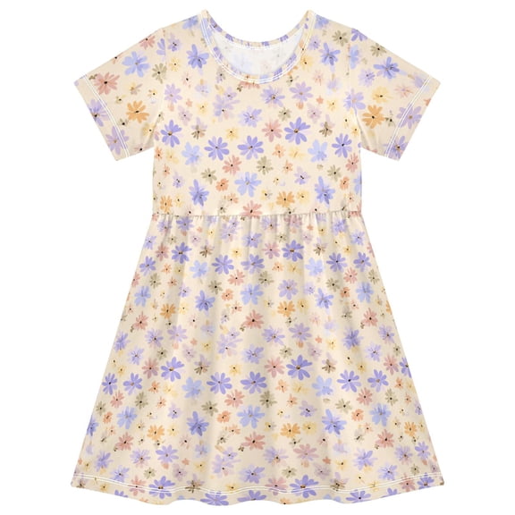 Spring Flowers Short Sleeve Dress A-Line Cute Midi Casual Sundress 2-8 Years