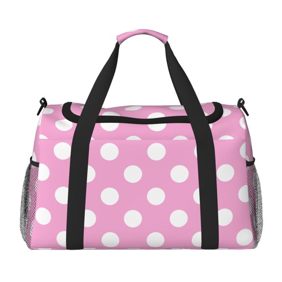 Kuqiui Pink And White Polka Dot Print Foldable Travel Duffel Bag Tote Carry on Luggage Bag Personal item Sports Gym Bag Water Resistant Weekender Overnight Bags for Women and Men