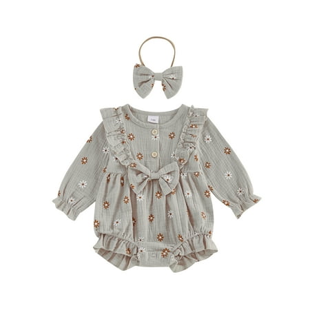 

Wilcliar Baby Girls Romper Floral Print Long Sleeve Ruffled Crew Neck Jumpsuit with Bow Headband