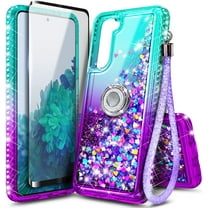 Nagebee Case for Samsung Galaxy S21 FE 5G with Tempered Glass Screen Protector (Full Coverage), Sparkle Glitter Liquid Bling Diamond [Ring Holder & Strap] Women Girls Cute Case (Aqua/Purple)
