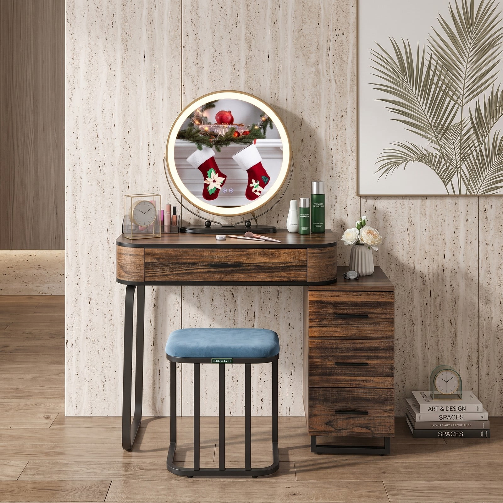 Furnibear Vanity Table Set with Lighted Mirror and Wireless Charging Station and 3 Drawer Chest and Cushioned Stool, Brown