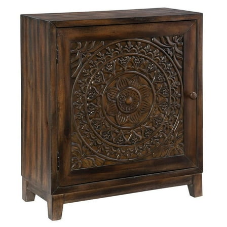 Maklaine Storage Accent Cabinet Carved Medallion in Dark Brown Finished Wood