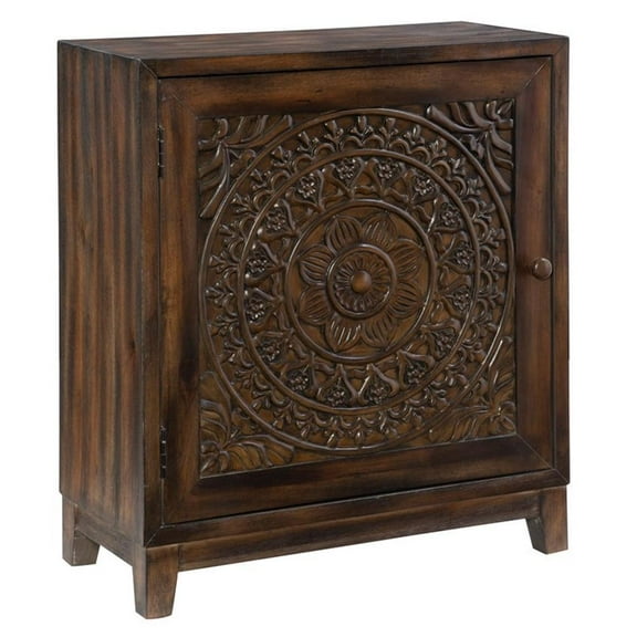 Maklaine Storage Accent Cabinet Carved Medallion in Dark Brown Finished Wood