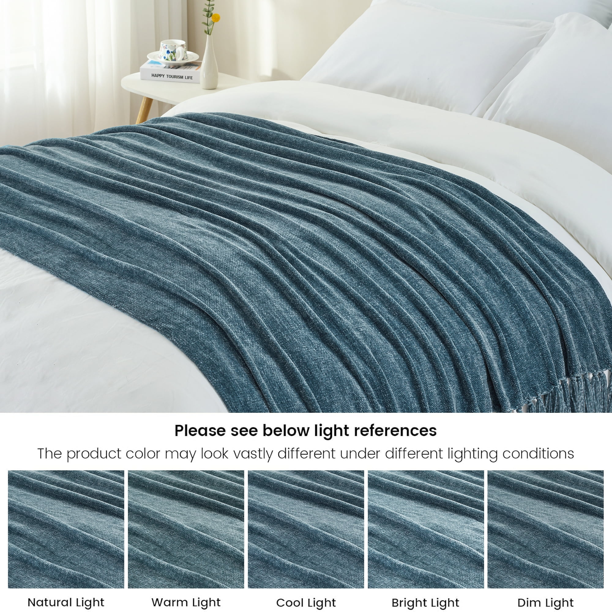 LONG CREATE Chenille Throw Blanket with Fringe Tassel for Couch Sofa Chair Bed, Dusty Blue 60" x 80"