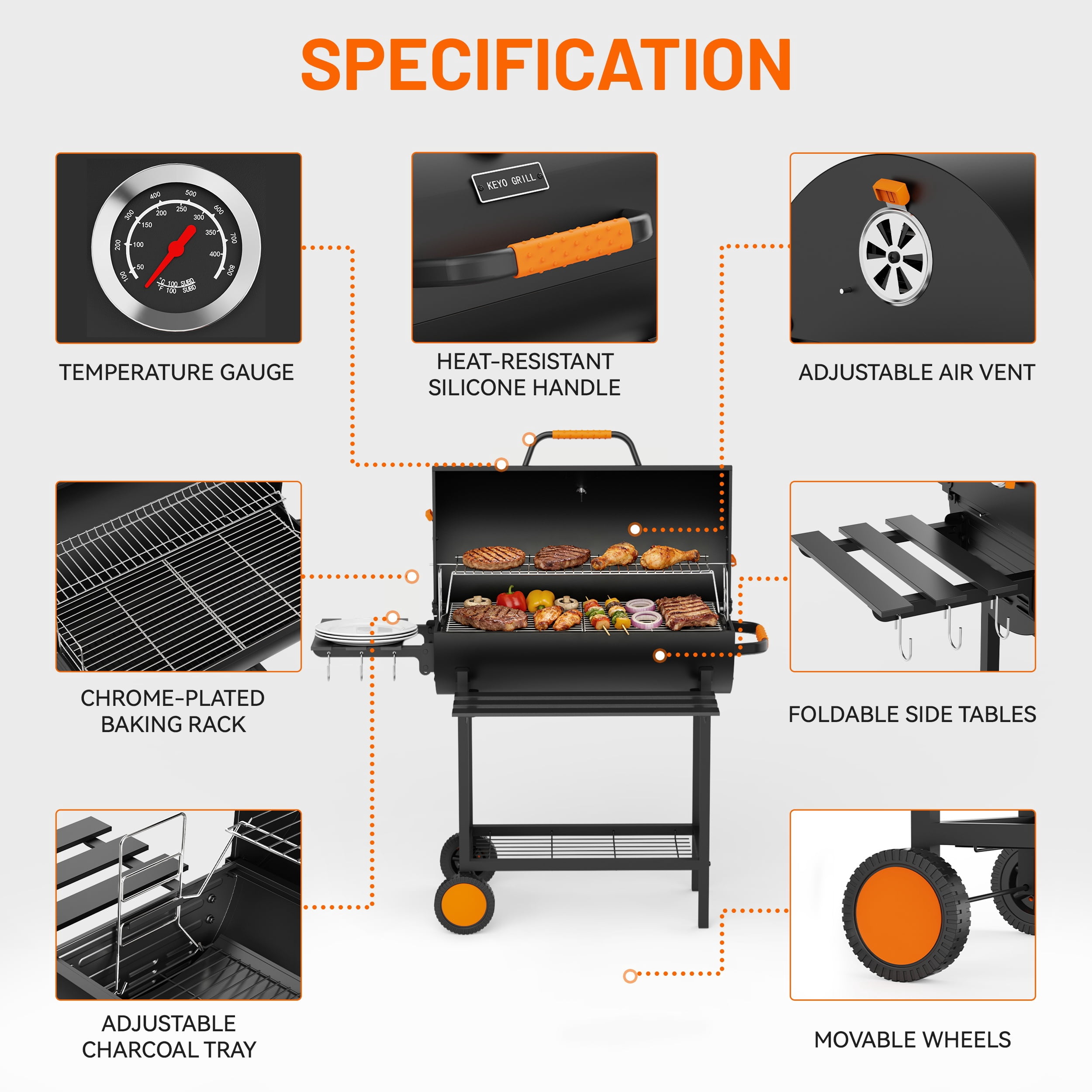 KEYO GRILL 537 SQ in Charcoal Grill with Adjustable Height Charcoal Pan, Foldable Side Shelf for Backyard, Black