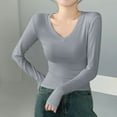 thumbnail image 2 of yoeyez Long Sleeve Shirts for Women Crewneck Comfy Basic Layer Tees Stretch Slim Fitted Undershirt Solid Color Bottoming Shirt Blouse Tops Gray,M, 2 of 3