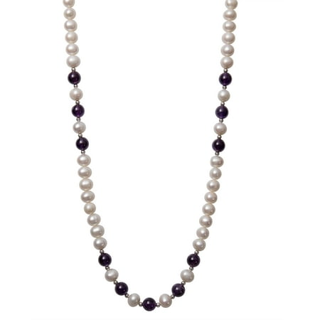 7-8mm Cultured Freshwater Pearl and 8mm Amethyst Necklace with Sterling Silver Accent Beads, 18