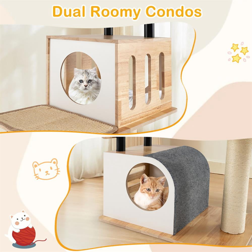 Resenkos Cat Scratching Tower,Cat Tree, Modern Tall Cat Tower with Double Condos with Dangling Balls and Sisal Carpets-Natural