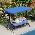 thumbnail image 2 of LAZZO 3-Seat Outdoor Porch Swing with Footrest, Reclining Lounge Bed Convertible, Adjustable Canopy & Removable Cushions, Blue, 2 of 9