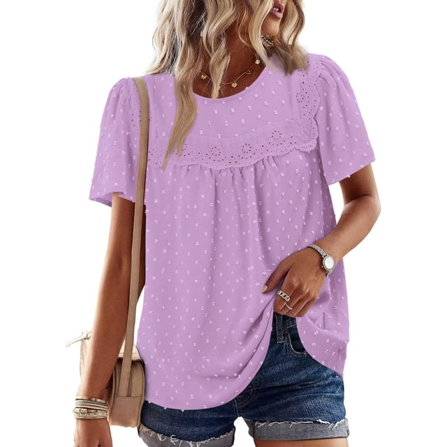 Liquidation d'Économies! Hauts Grande Taille pour Femmes, Blouse à Manches Courtes d'Été pour Femmes, Mode Décontractée à Manches Courtes Col Rond Uni Pliable Blouse pour Dames