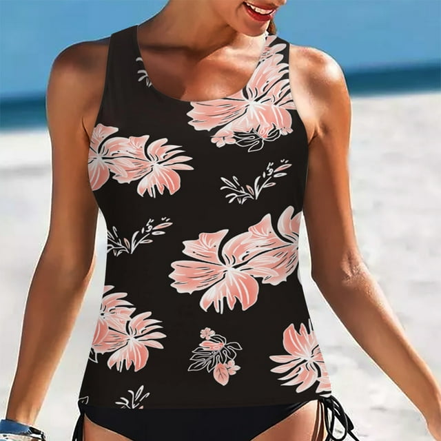 QIPOPIQ Tankini Tops for Women Classic Print High Neck Tops Bathing Suit Tops For Tank Tops Swimsuits Swim Tops Summer Clearance