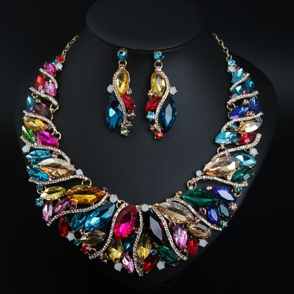 Alloy Rhinestone Pendant Necklaces & Teardrop Stud Dangle Earring Sets for Women Colorful 450mm