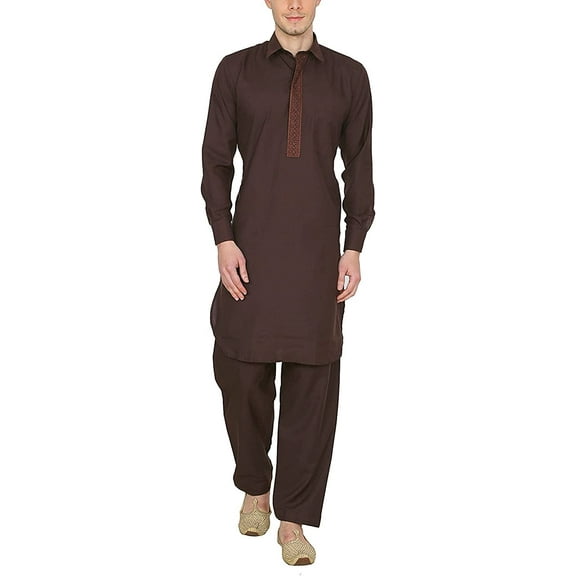Royal Men's Traditional Neck Thread Embroidered Blended Pathani Suit With Classic Collar (42, Brown)