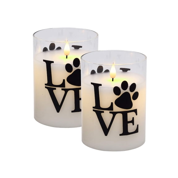 LumaBase Battery Operated LED Glass Candles with Moving Flame and White Lights, Love Paw - Set of 2