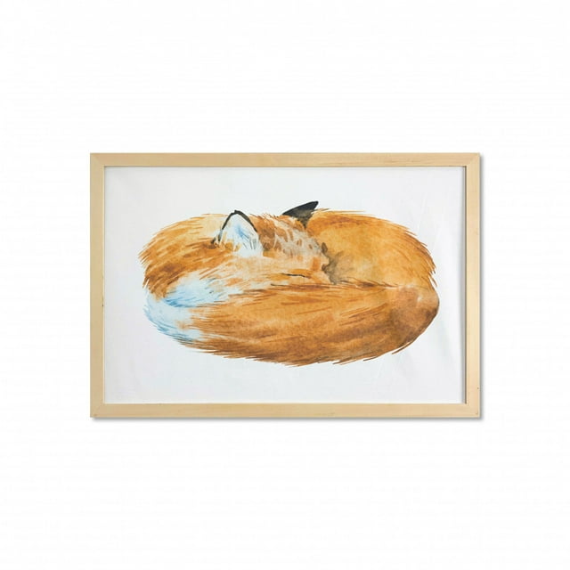 Animal Wall Art with Frame, Fox Sleeping Funny Creature in Watercolor Art Design, Printed Fabric Poster for Bathroom Living Room, 35" x 23", Apricot and White, by Ambesonne