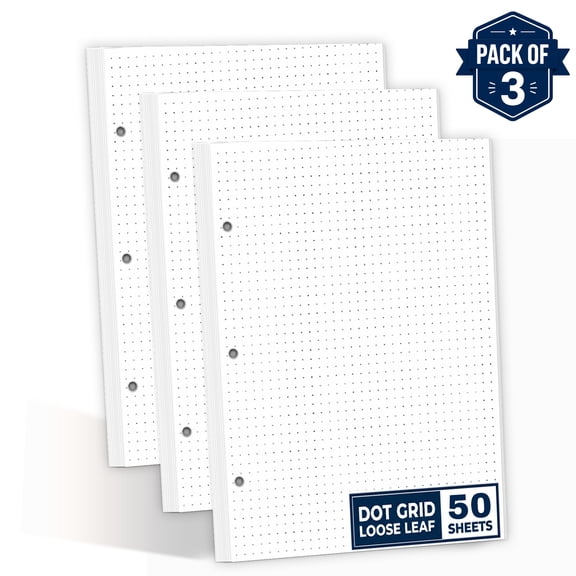 Dot Grid Loose Leaf Paper, Pack of 3, 50 Sheets Each, 8.5 x 11 Inch, 3-Hole Punched