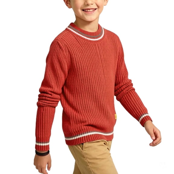 FSYBOA Boys Fall Sweaters Size 5T, Long Sleeve Pullover Casual Crew Neck Kids Knitted Tops Red