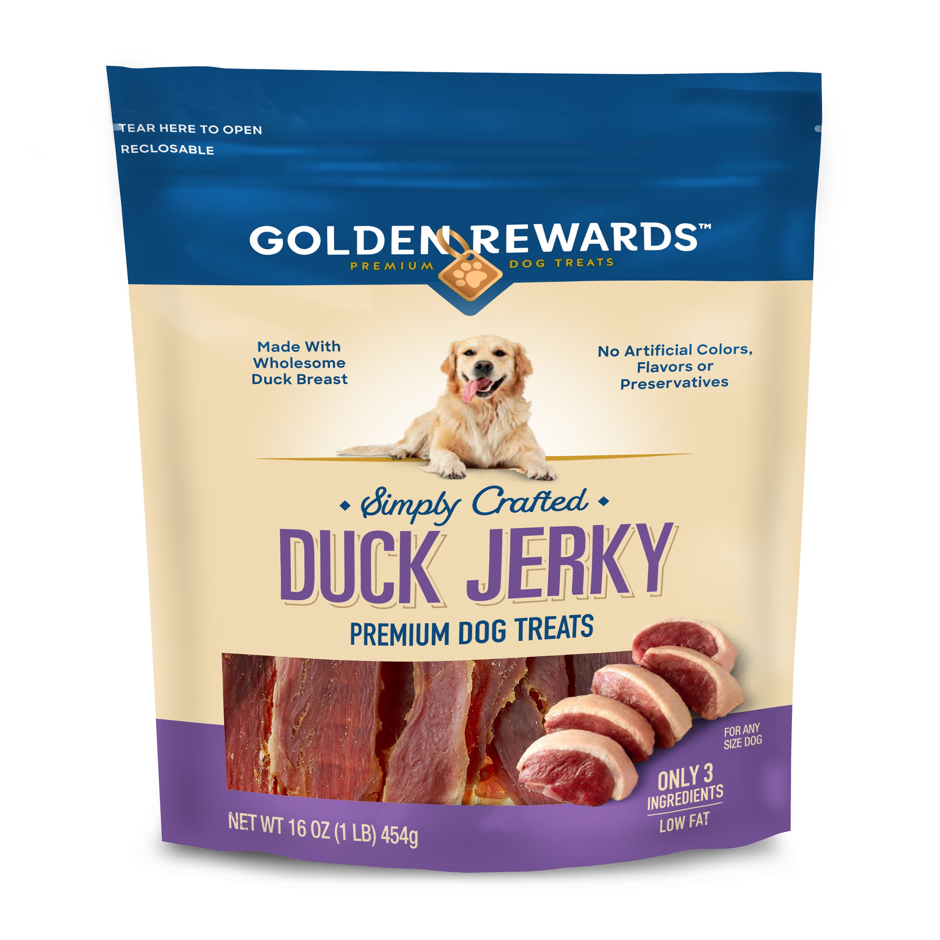 Golden Rewards Duck Flavor Premium Jerky Dry Treats for All Dogs, 16 oz.