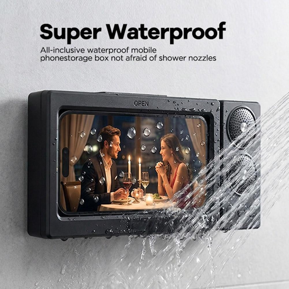 Shower Phone Holder with Bluetooth Speaker, IPX6 Waterproof Wall Mount Case, Rotatable Touchscreen Stand for Bathroom Kitchen, Gifts for Mom Dad Graduation