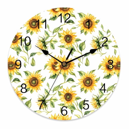 Wall Clock 10 Inch Watercolor Sunflower Pattern Round Silent Decorative Wall Clocks Battery Operated for Living Room Bedroom Kitchen Classroom Decor, Floral Botanical Print,Small