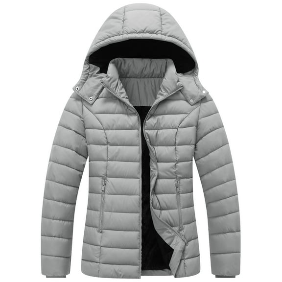 XPMWRP Women's Quilted Puffer Hooded Thicken Coat Solid Color Long Sleeve Fashion Coats Full Zip Winter Warm Jacket with Pockets Gray S
