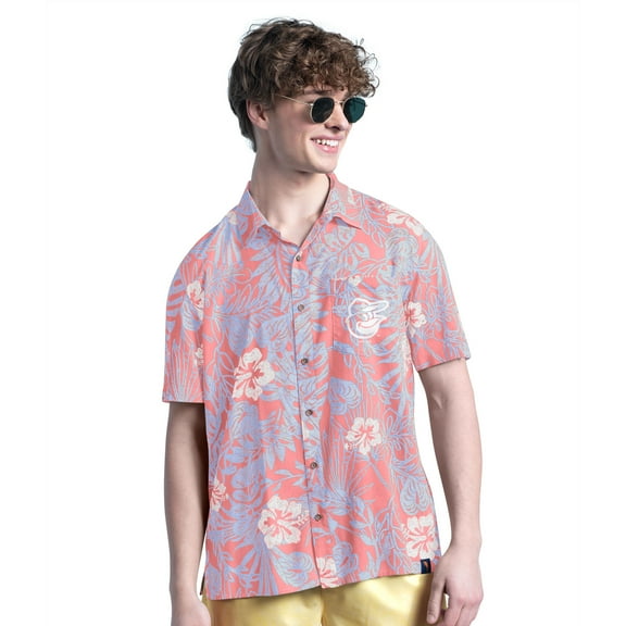 Men's Margaritaville Coral Baltimore Orioles Palm Shade Party Button-Up Shirt