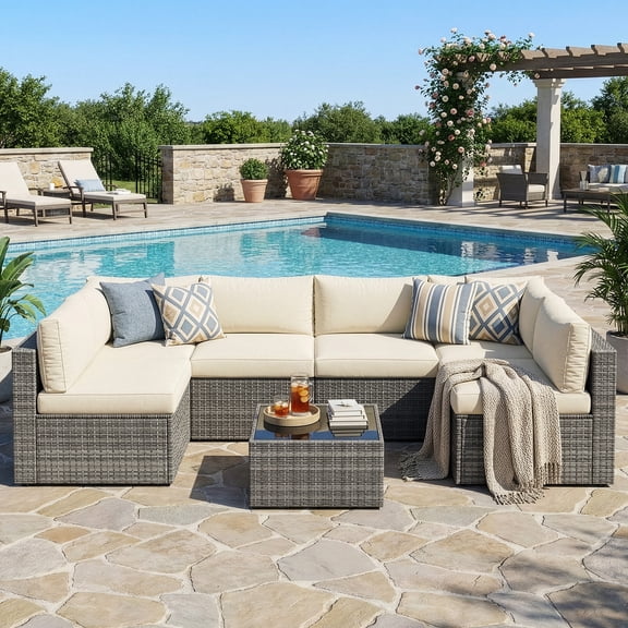 Royalcraft 7 Pieces Patio Furniture Sets, All-Weather PE Grey Wicker Outdoor Rattan Sectional Sofa, Patio Sofa Couch with Table and Beige Cushions