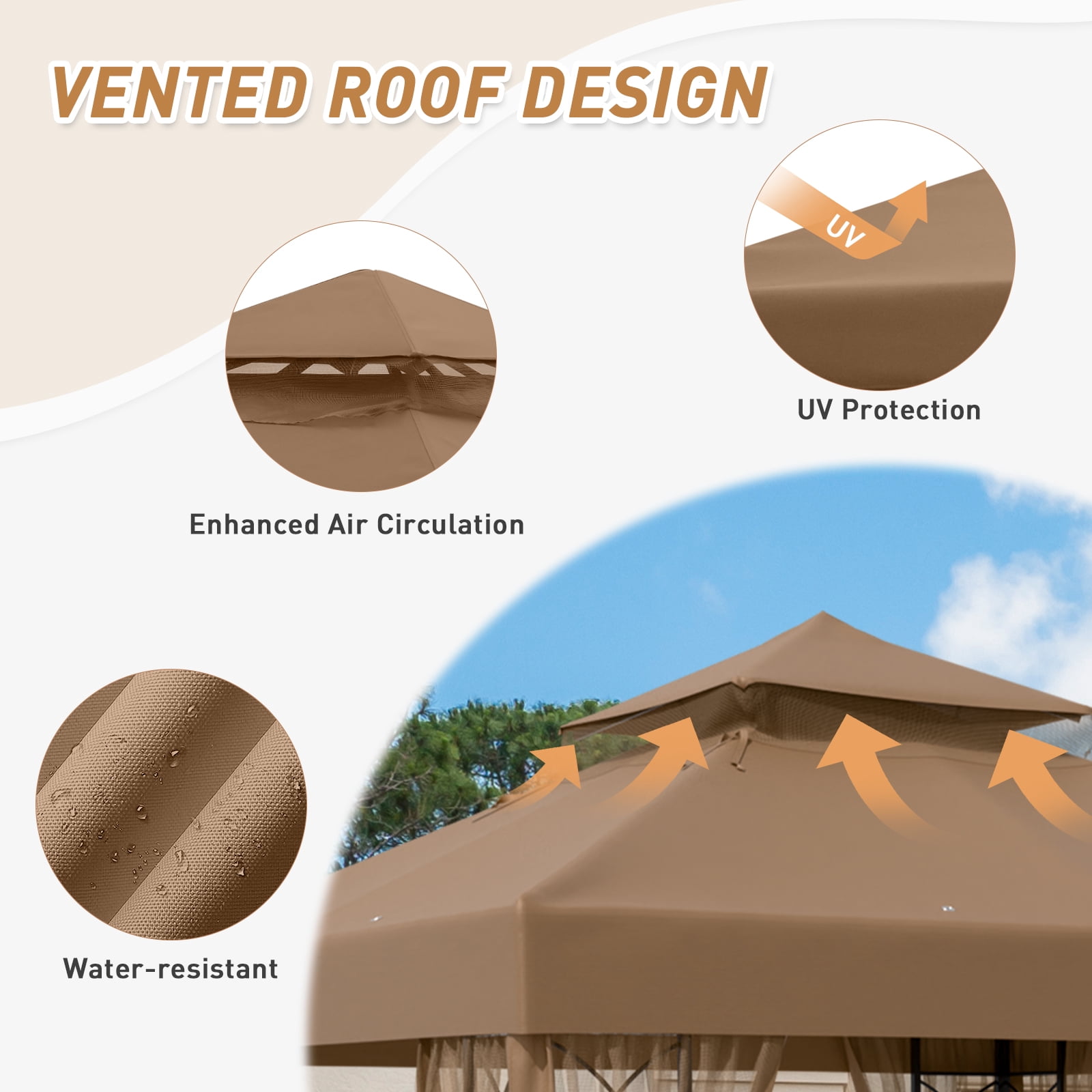 INTER HUT 8x8 Metal Patio Double Soft Roof Gazebo Outdoor Canopy Tent with Netting, Ceiling Hook, Shelves