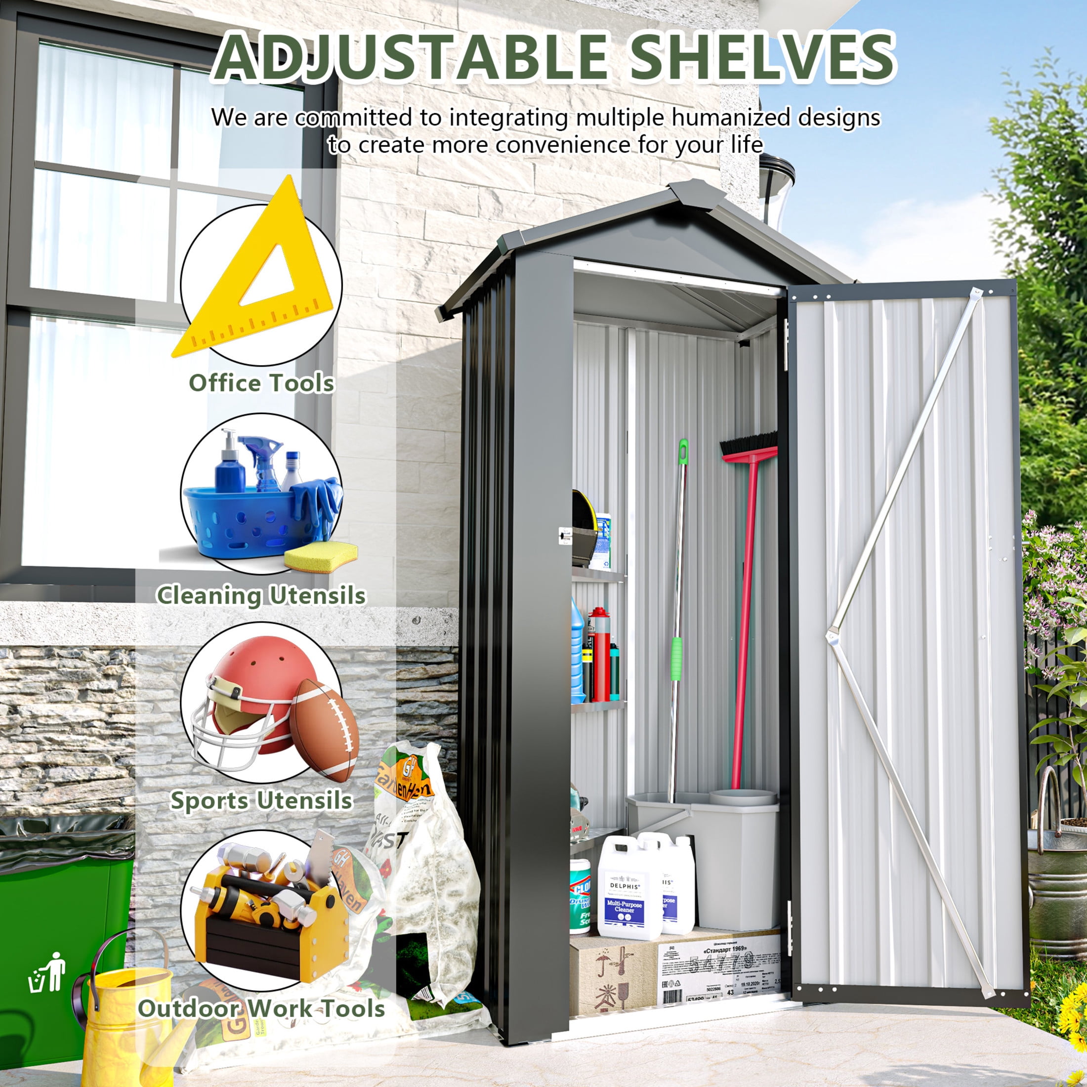 Noble House Outdoor Metal Garden Shed, Waterproof Storage Cabinet with Lock System, Compact Utility Shed, Black
