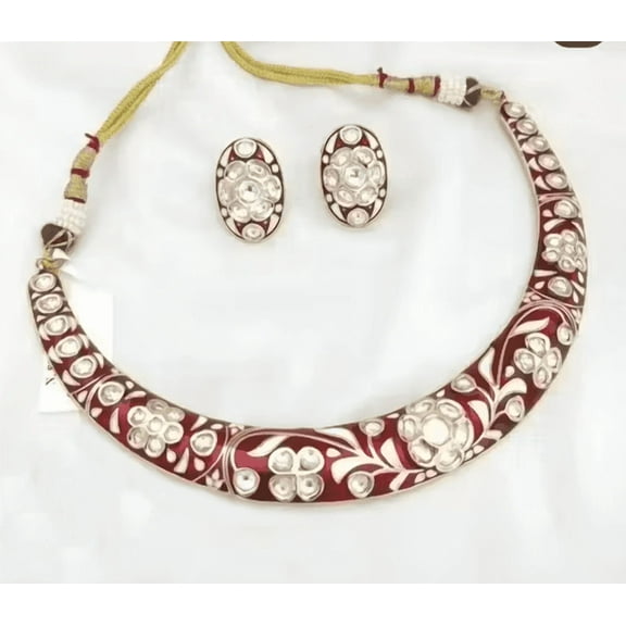 Royal Red Enamel Kundan Necklace Set with Matching Earrings