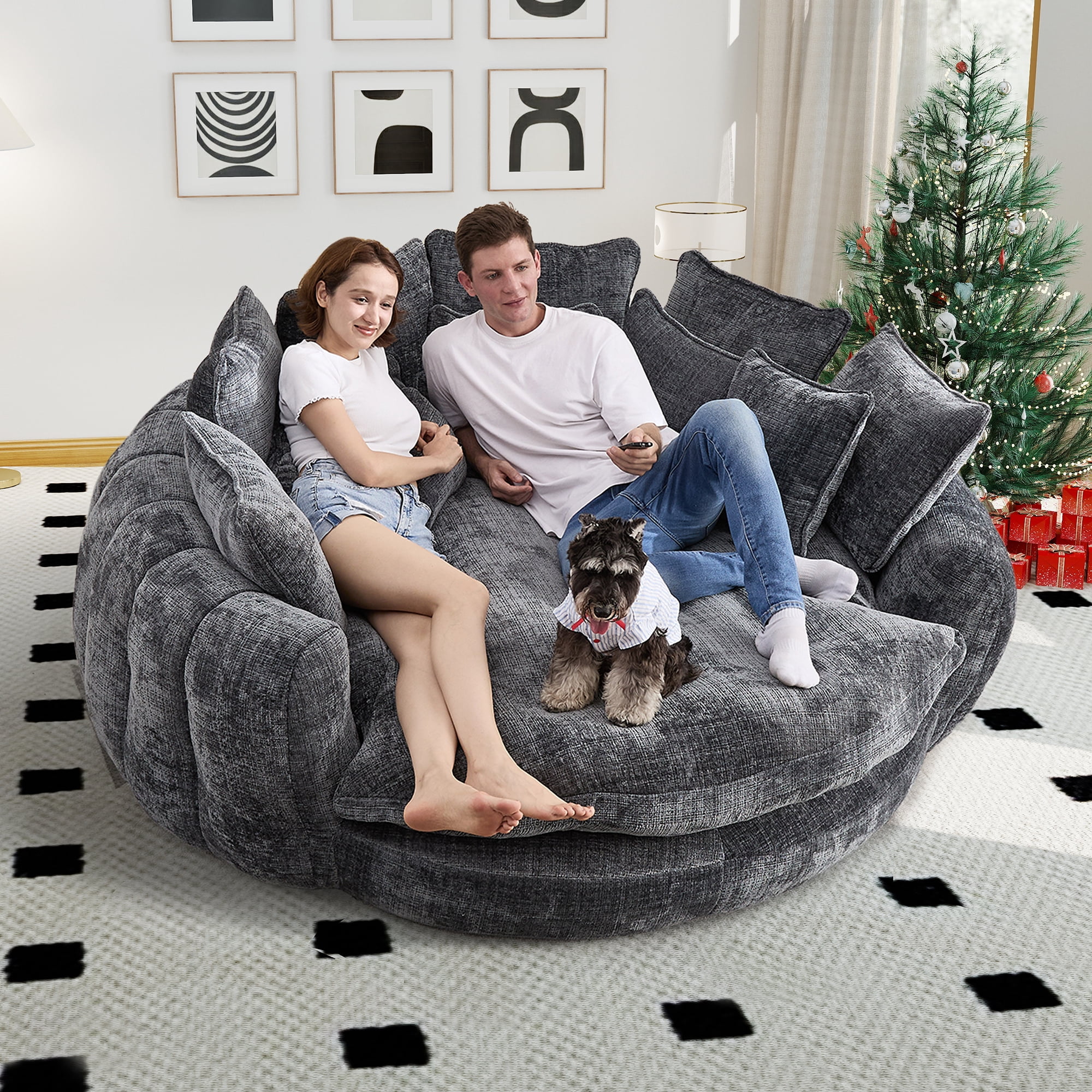 Aukfa 81" Oversized Round Chaise Lounge Sofa Bed, Modern Chenille Cloud Couch with Deep Seat, 14 Pillows, Assemble-Free, Gray