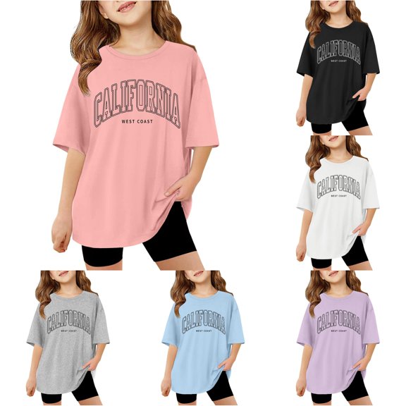 WAYUTE T Shirts for Girls Oversized Short Sleeve Crewneck Letter Printed T Shirts Tops for Kids School Loose Soft Basic Tees Outdoor Casual Tshirt,Pink