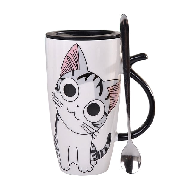 Gato lindo taza de café de cerámica, tazas de gato con tapa, taza de té de café de cerámica con tapa