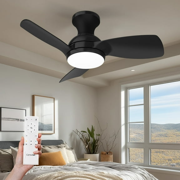 Consciot 30-inch Ceiling Fan with Light, Remote Control, 6 Speed, Dimmable LED with 3 Color Temperatures, Flush Mount, Quiet Reversible DC Motor, for Bedroom, Hallway, Patio, Black