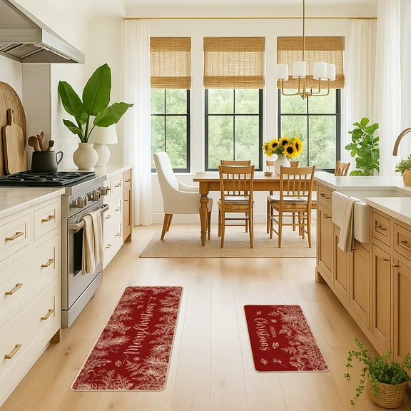 Christmas Kitchen Rugs Set of 2, Red Merry Christmas Snowflakes Kitchen Mats Indoor Home Decor 17x29 & 17x47 inch