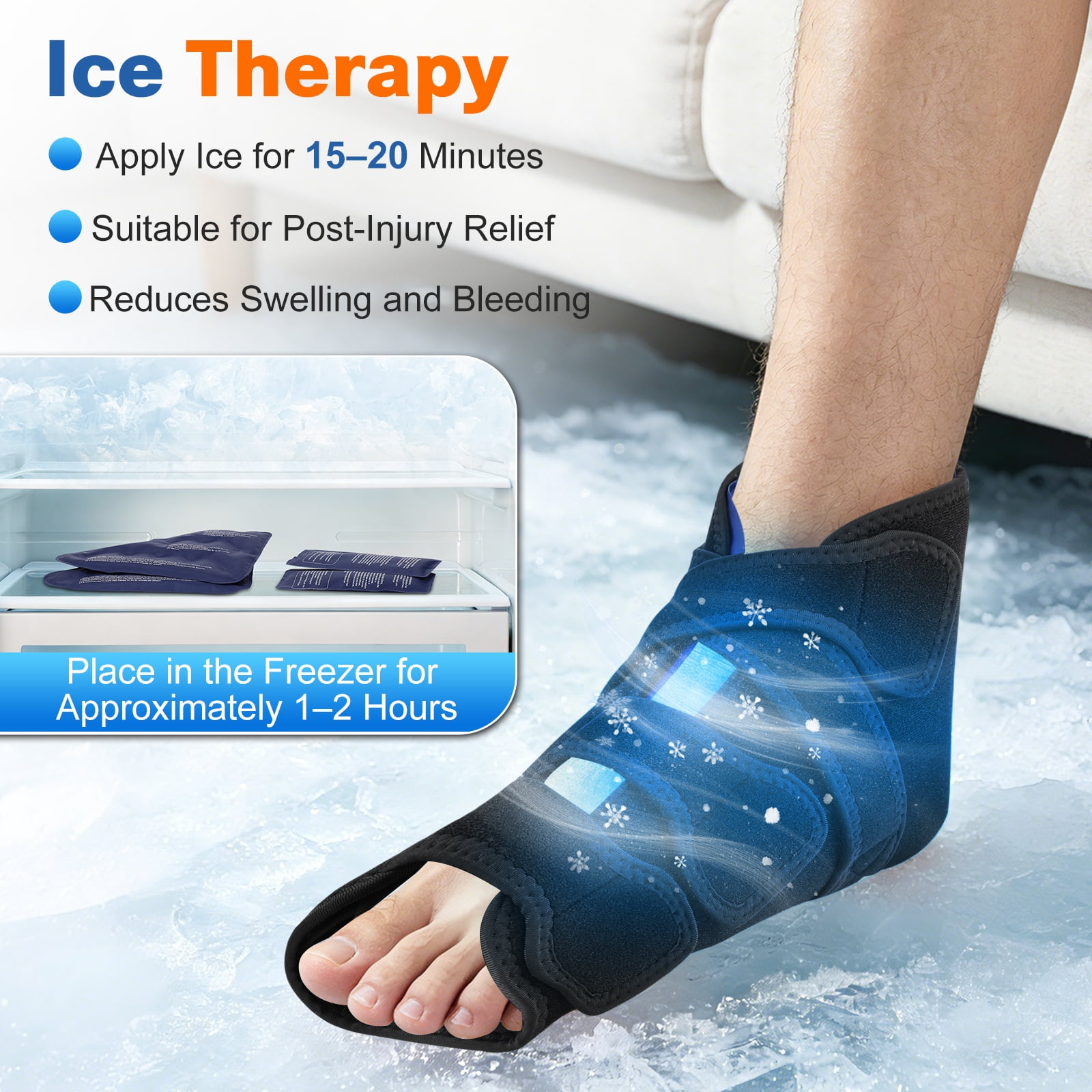 FlareMore Black Ankle Ice Wrap with 4 Gel Packs, Adjustable 360° Foot & Ankle Cold Pack with Compression, Reusable Gel Ice Wrap for Swelling, Sports, and Home Use