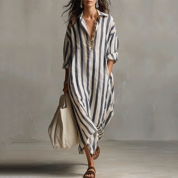 Guieoi Summer Dresses for Women under $10 Plus Size V-neck Striped Casual Short-Sleeve Pocket Maxi Dress Blue XXL